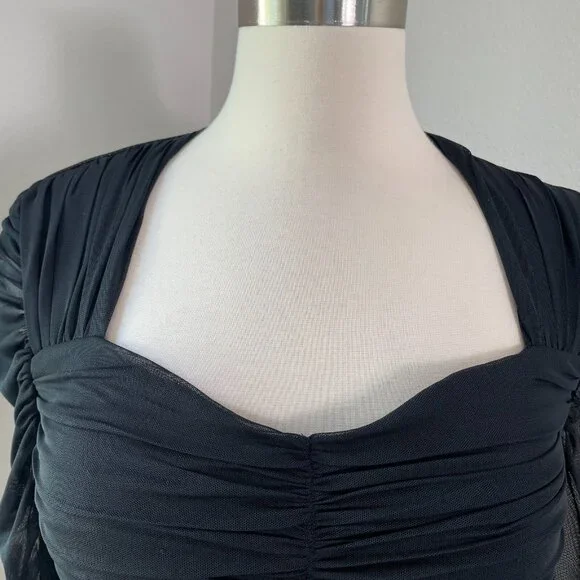 Express Womens Medium Body Contour Black Ruched Mesh Long Sleeve Top Blouse - Picture 2 of 9